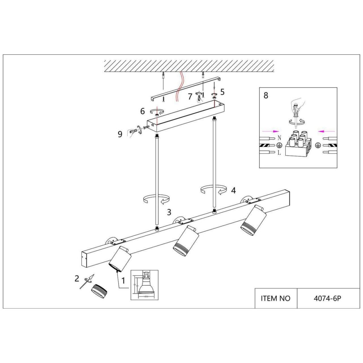 4074-6P, подвесная люстра, L1200xW190xH600, 6xGU10LEDx10W, excluded + LEDx18W, 700LM, 4000K, included — изображение 7