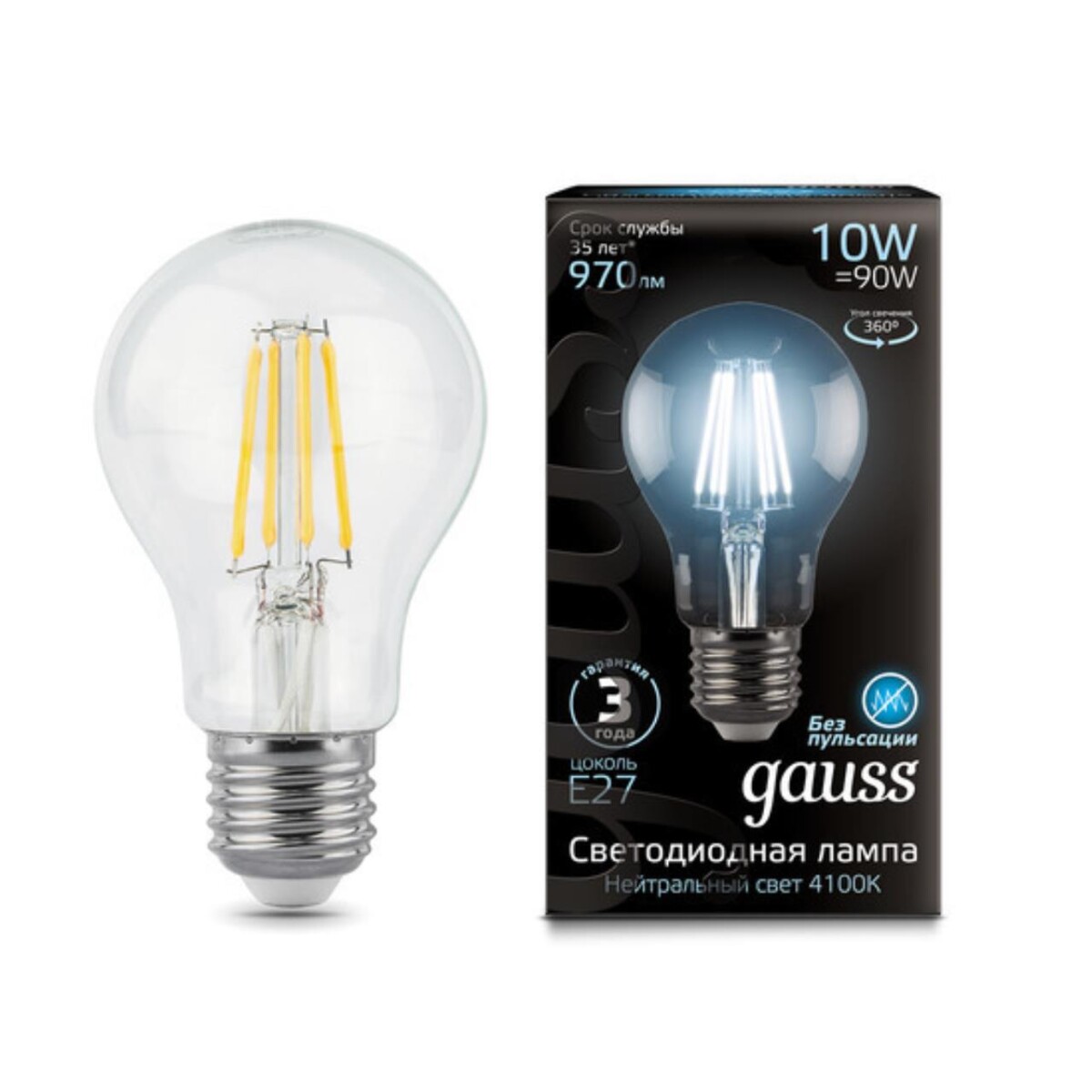 102802210 Лампа Gauss LED Filament A60 E27 10W 970lm 4100К 1/10/40 — изображение 1