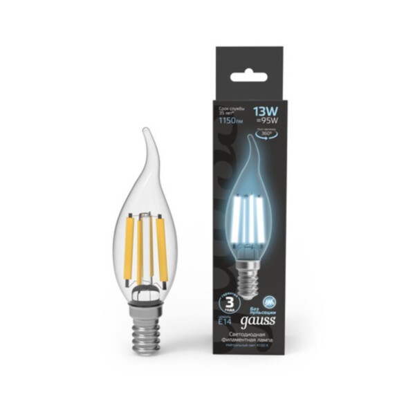 104801213 Лампа Gauss Filament Свеча на ветру 13W 1150lm 4100К Е14 LED 1/10/50
