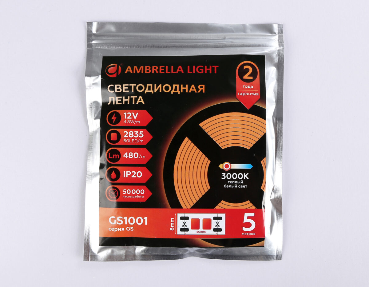 GS1001 2835 60Led/ 4.8W m/ 12V IP20 3000K/ 5000*8*1.2mm (2 конт.) — изображение 4