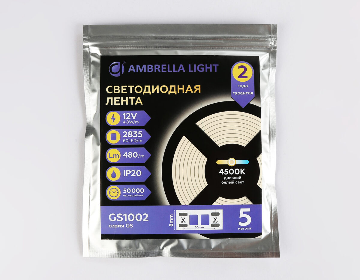 GS1002 2835 60Led/ 4.8W m/ 12V IP20 4500K/ 5000*8*1.2mm (2 конт.) — изображение 4