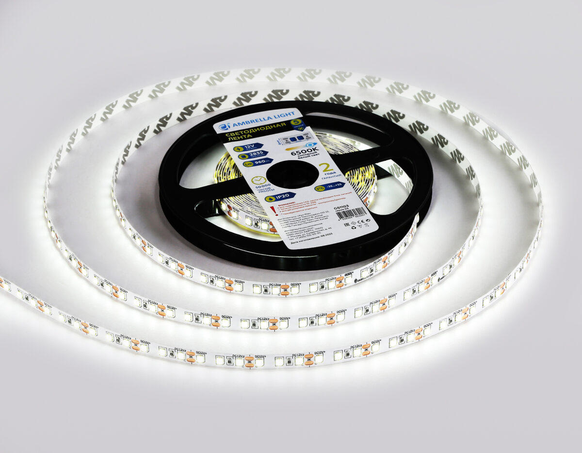 GS1103 2835 120Led/ 9.6W m/ 12V IP20 6500K/ 5000*8*1.2mm (2 конт.) — изображение 2
