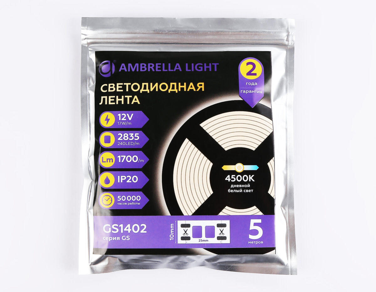 GS1402 2835 240Led/ 17W m/ 12V IP20 4500K/ 5000*10*1.2mm (2 конт.) — изображение 4