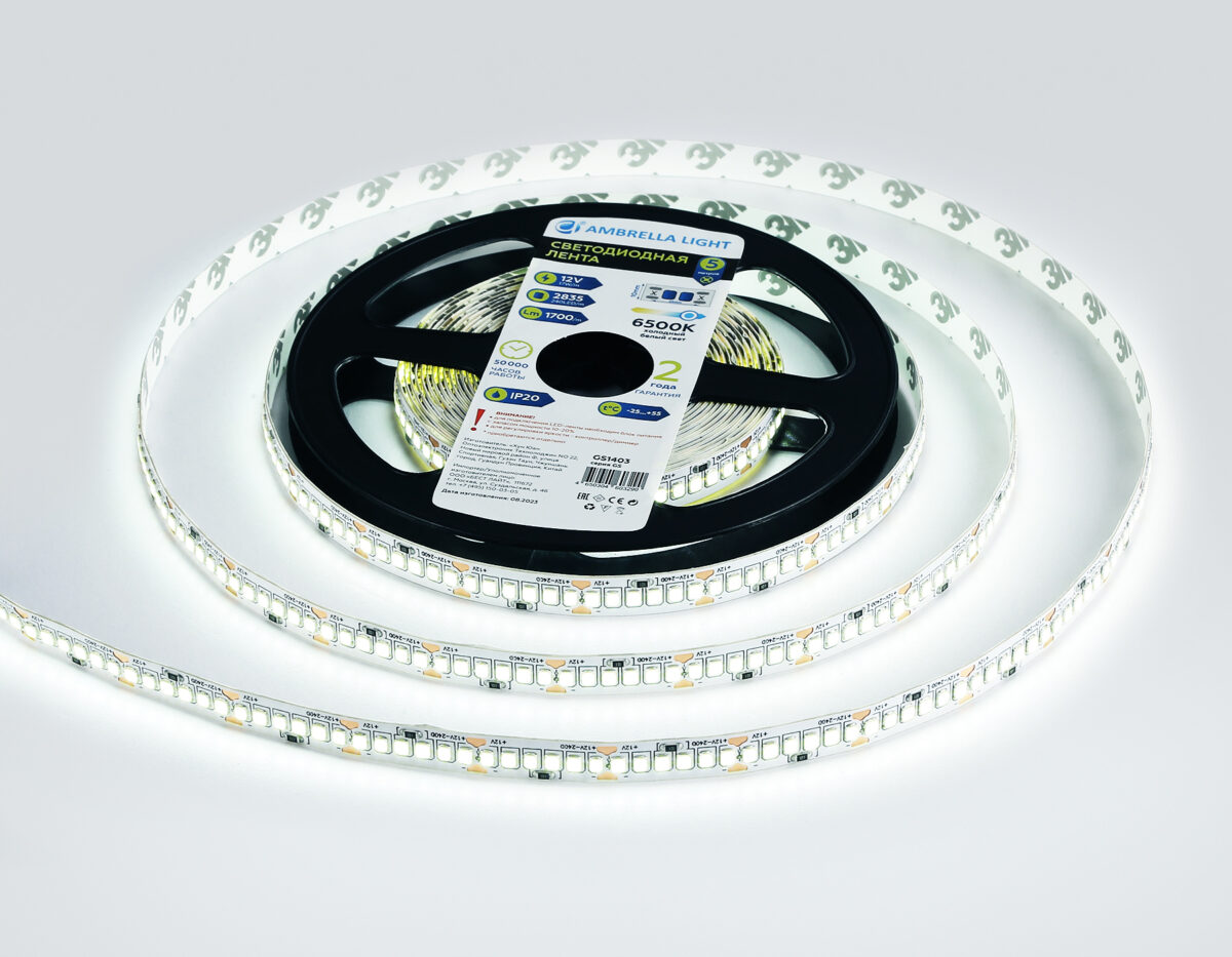 GS1403 2835 240Led/ 17W m/ 12V IP20 6500K/ 5000*10*1.2mm (2 конт.) — изображение 2