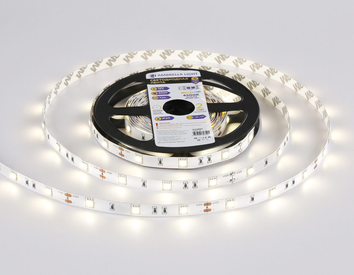 GS1802 5050 30Led/ 7.2W m/ 12V IP20 4500K/ 5000*10*1.87mm (2 конт.) — изображение 2