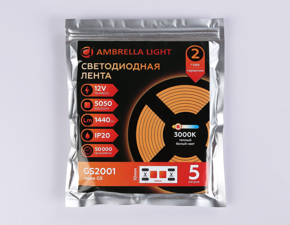 GS2001 5050 60Led/ 14.4W m/ 12V IP20 3000K/ 5000*10*1.87mm (2 конт.) — изображение 4