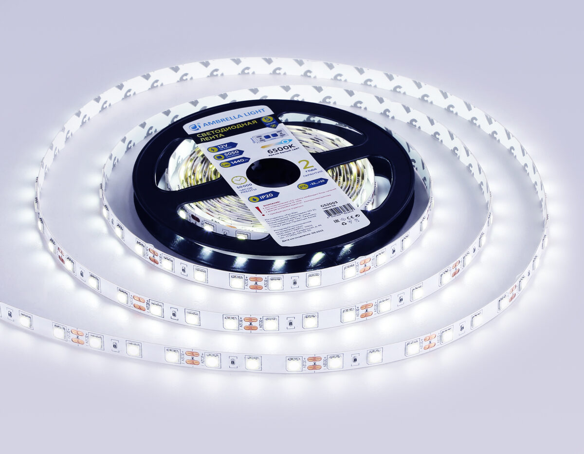 GS2003 5050 60Led/ 14.4W m/ 12V IP20 6500K/ 5000*10*1.87mm (2 конт.) — изображение 3