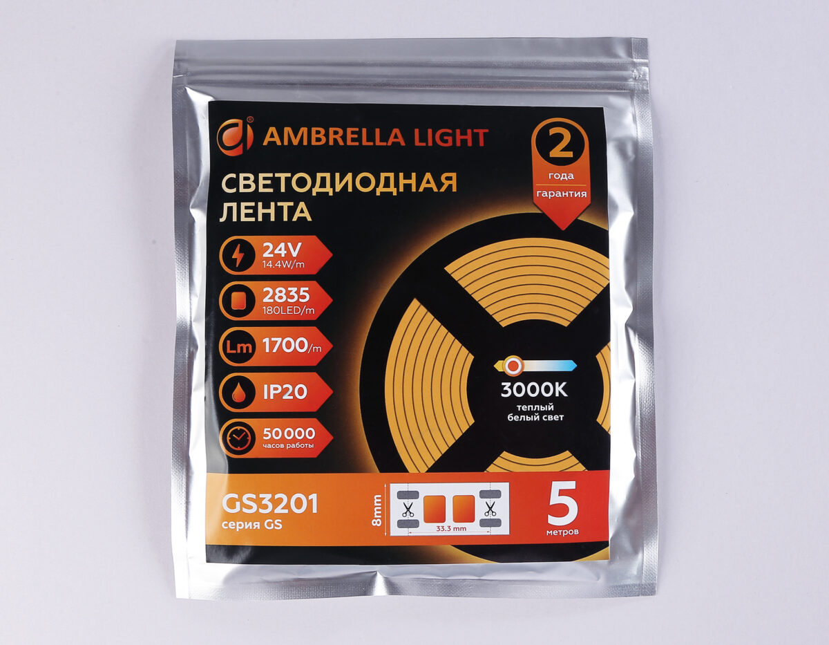 GS3201 2835 180Led/ 14.4W m/ 24V IP20 3000K/ 5000*8*1.2mm (2 конт.) — изображение 4