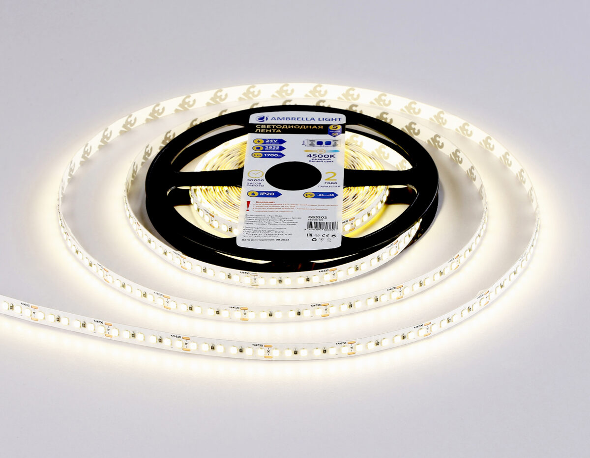 в наличии GS3202 2835 180Led/ 14.4W m/ 24V IP20 4500K/ 5000*8*1.2mm (2 конт.) - купить в интернет-магазине Светильники Торг