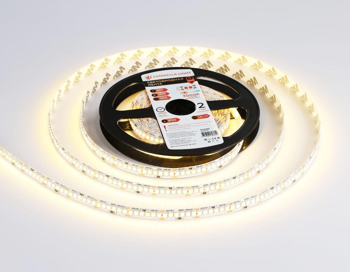GS3301 2835 240Led/ 18W m/ 24V IP20 3000K/ 5000*10*1.2mm (2 конт.) — изображение 2