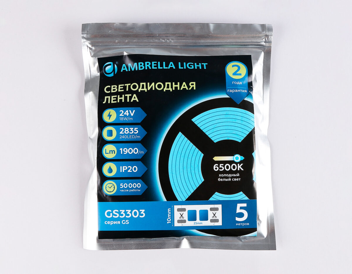 GS3303 2835 240Led/ 18W m/ 24V IP20 6500K/ 5000*10*1.2mm (2 конт.) — изображение 4