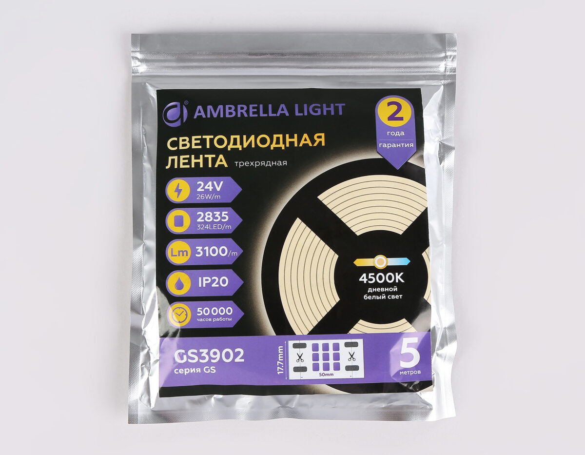 GS3902 2835 324Led/ 26W m/ 24V IP20 4500K/ 5000*18*1.2mm (2 конт.) — изображение 4