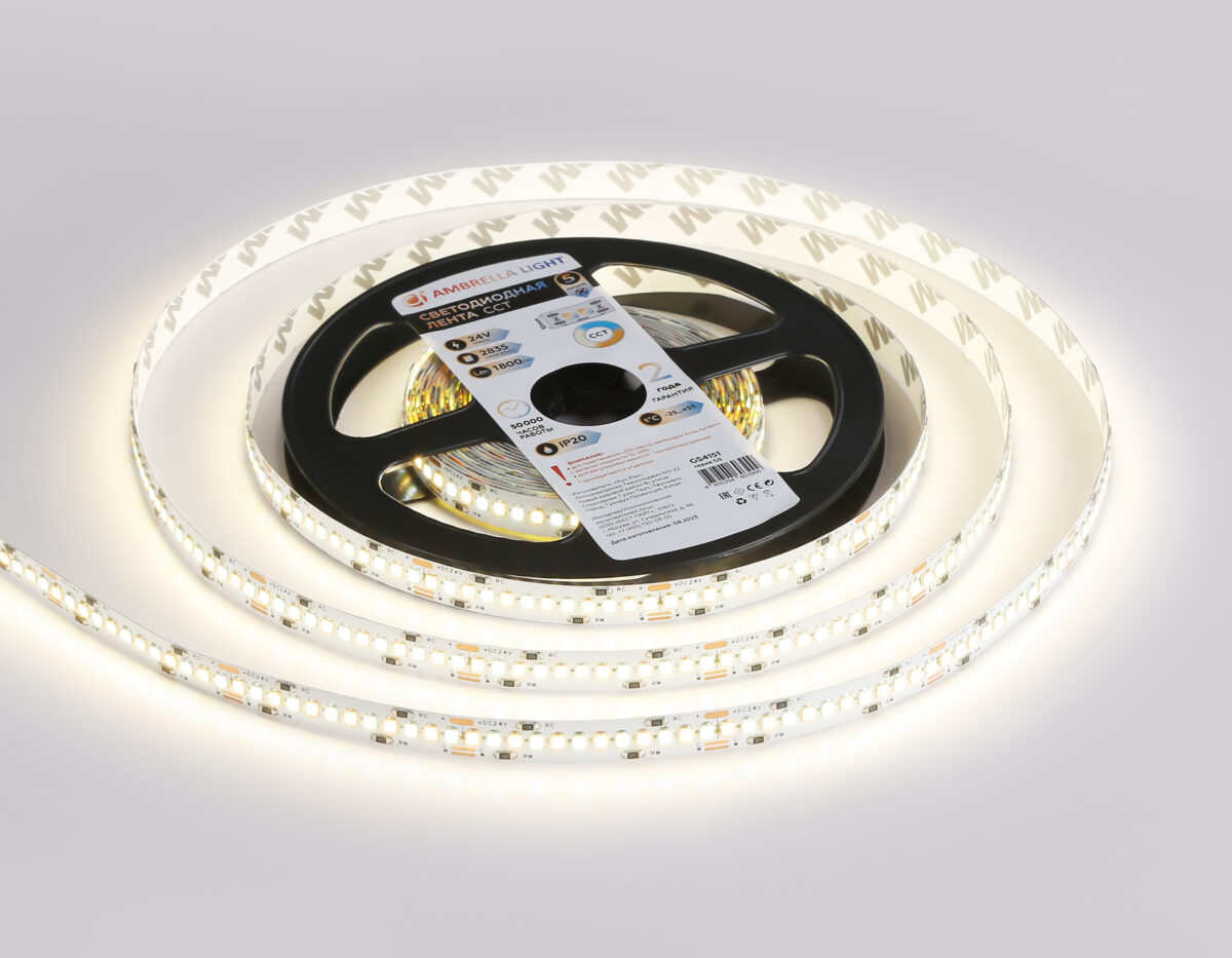 GS4151 2835 240Led/ 18W m/ 24V IP20 CCT 3000-6500K/5000*10*1.2mm (3 конт.) — изображение 5