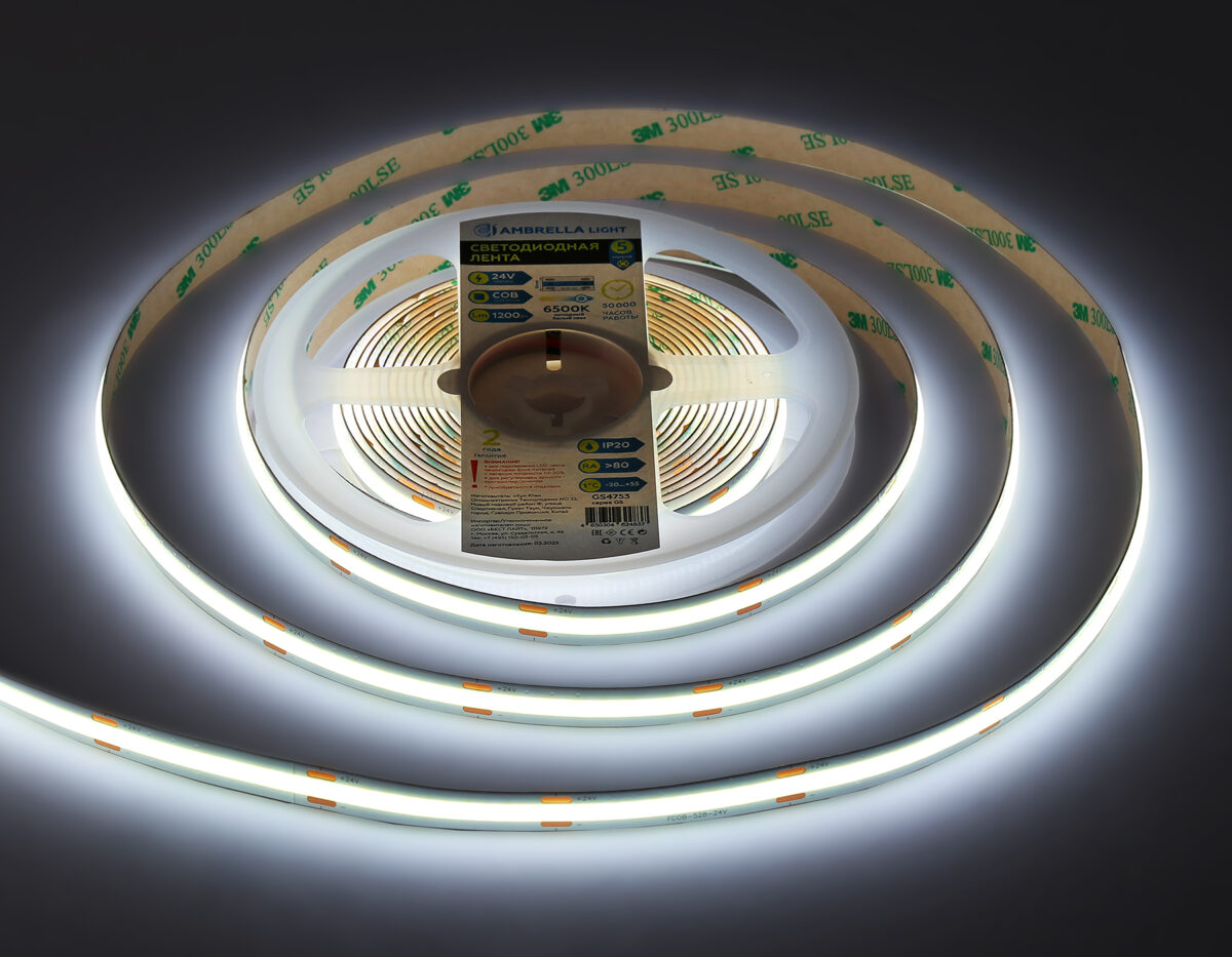GS4753 COB 528Led/14W m/ 24V IP20 6500K/ 5m*10mm*2mm (2 конт.) — изображение 2
