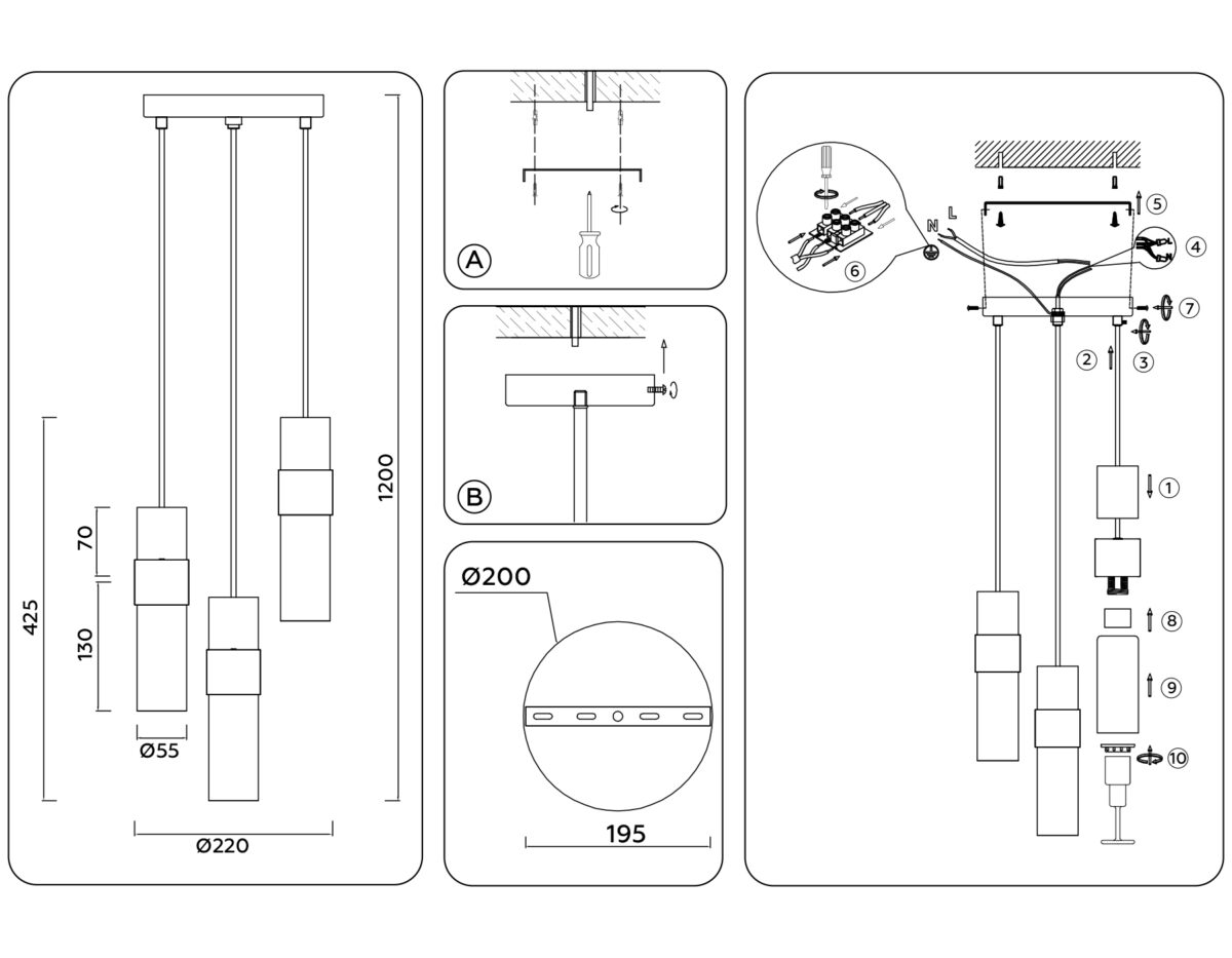 LH55102/3 BK/FR/TI черный/белый матовый/янтарь E14*3 max 40W D220*1200 — изображение 5