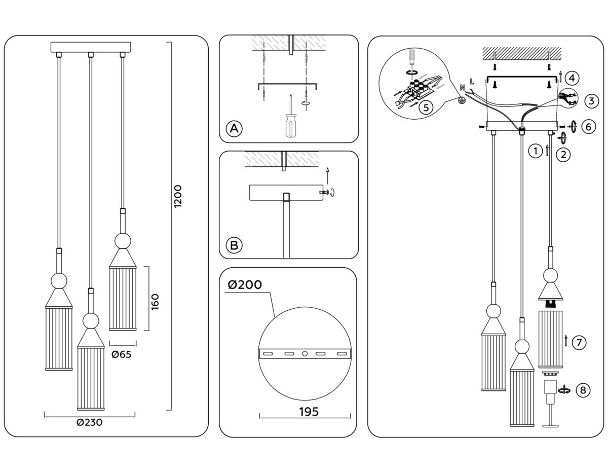 LH55252/3 BK/BS/CL черный/латунь/прозрачный E14*3 max 40W D230*1200 — изображение 5