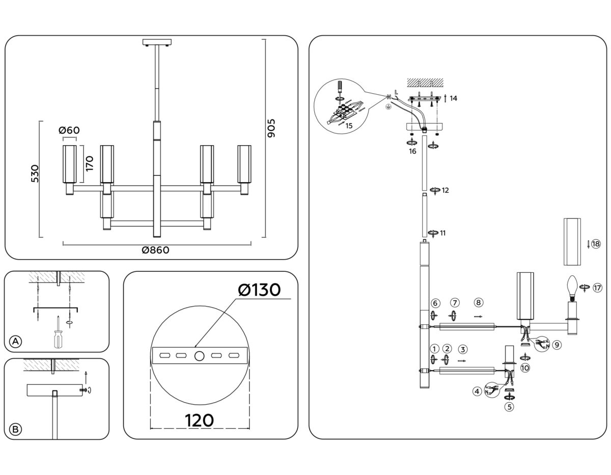 LH55515/12 BK/BS/CL черный/латунь/прозрачный E14*12 max 40W D860*905 — изображение 7
