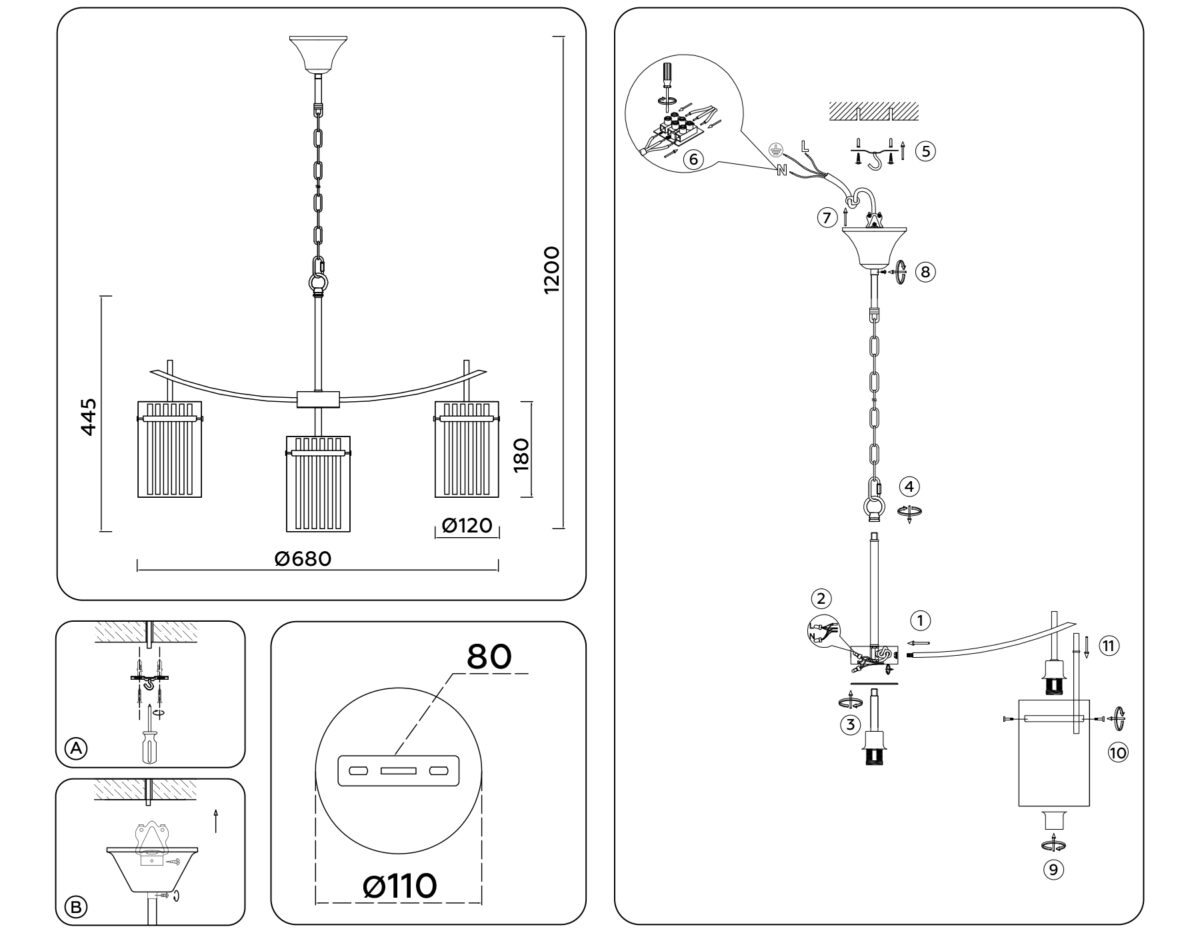 LH56031/5+1 BS/CL латунь/прозрачный E14*6 max 40W D680*1200 — изображение 6
