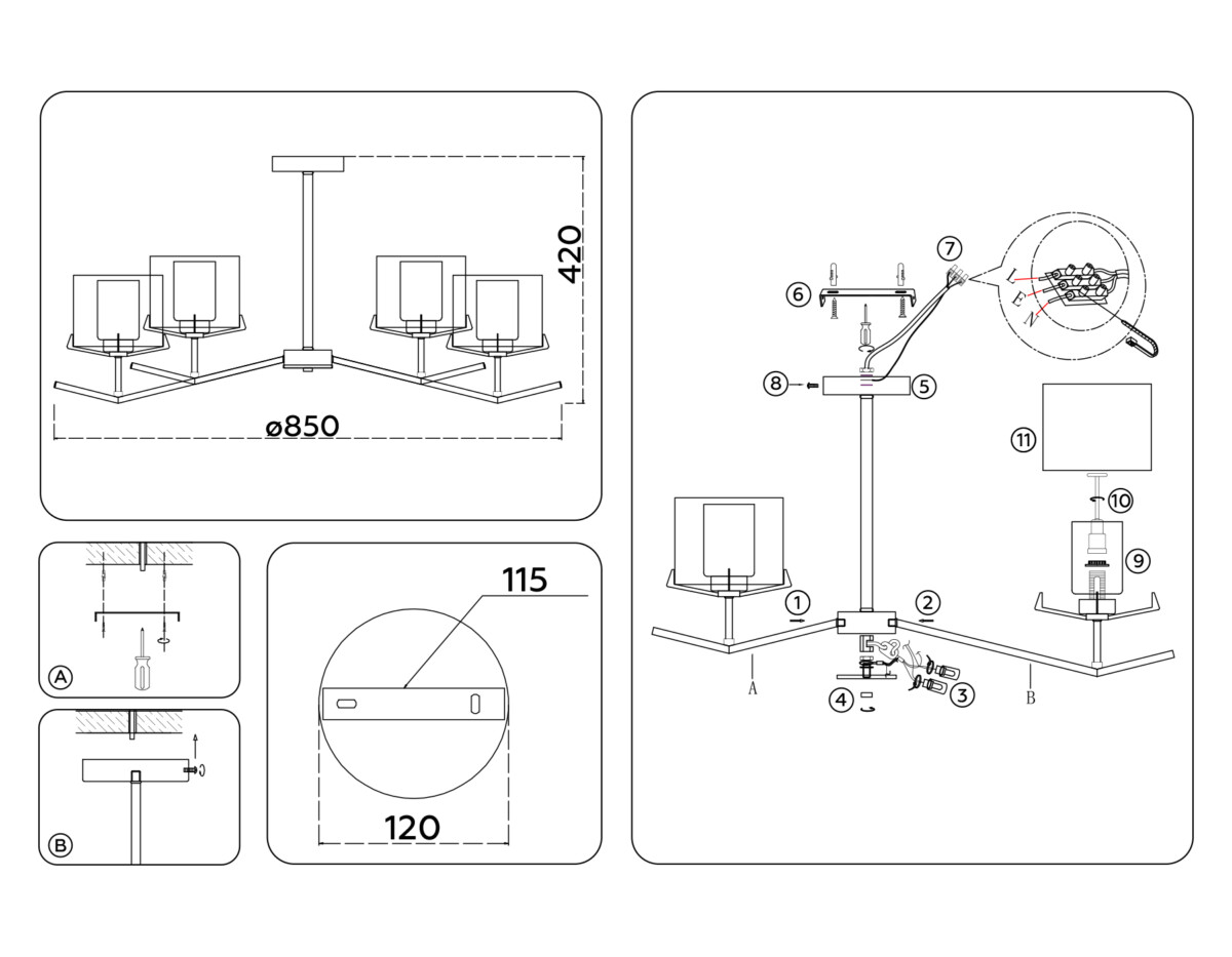 LH57008/6 BS/FR латунь/белый матовый E14/6 max 40W D850*420 — изображение 6