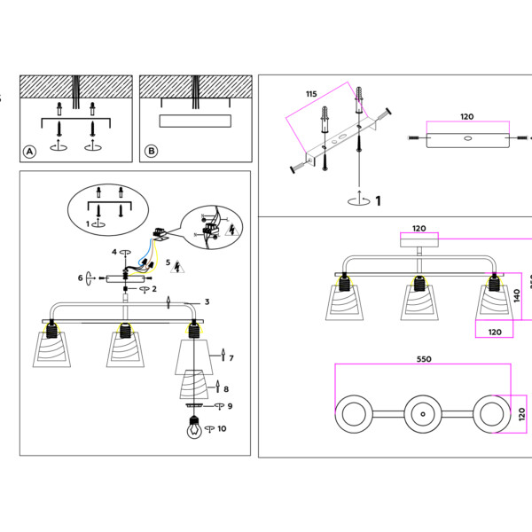 TR303233/3 WH/CH/CL/FR белый/хром/прозрачный/белый матовый E27*3 max 60W 550*120*250