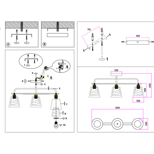 TR303235/3 BK/CH/SM/FR черный/хром/дымчатый/белый матовый E27*3 max 60W 550*120*250