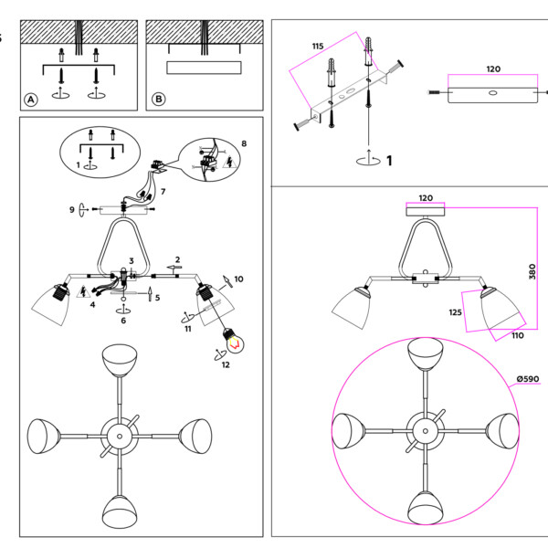 TR303293/4 BK/CH/FR черный/хром/белый матовый E27*4 max 60W D590*380