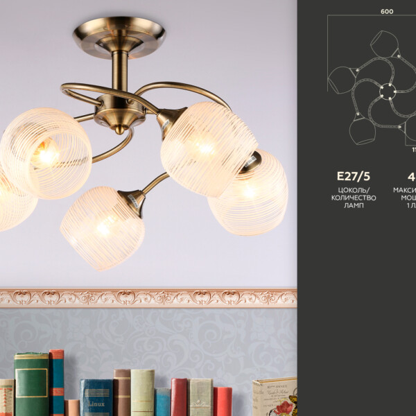 TR3199/5 SB/CL/FR бронза/прозрачный/белый матовый E27/5 max 40W D600*485