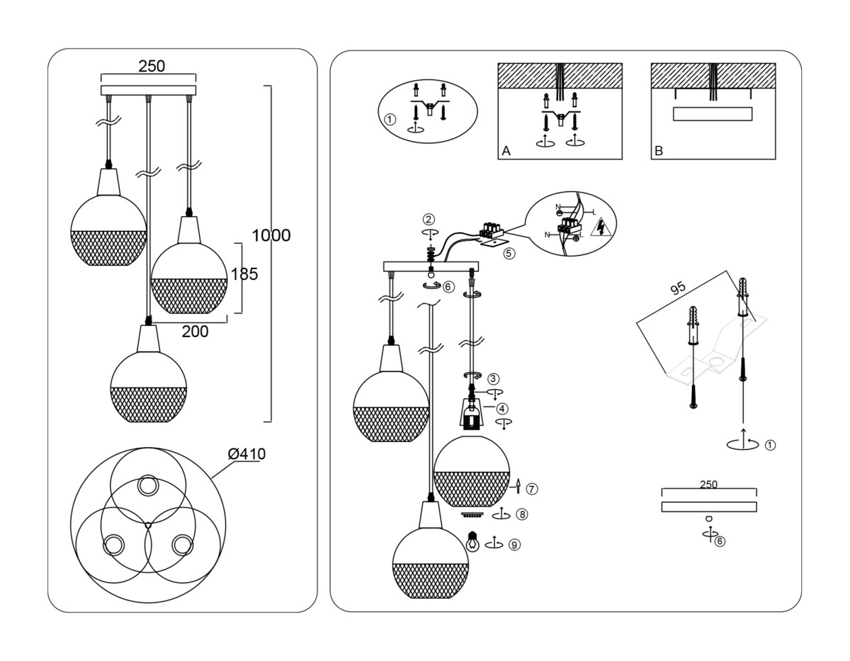 TR8505/3 BK/CP черный/медь E27/3 max 60W D410*1000 — изображение 5