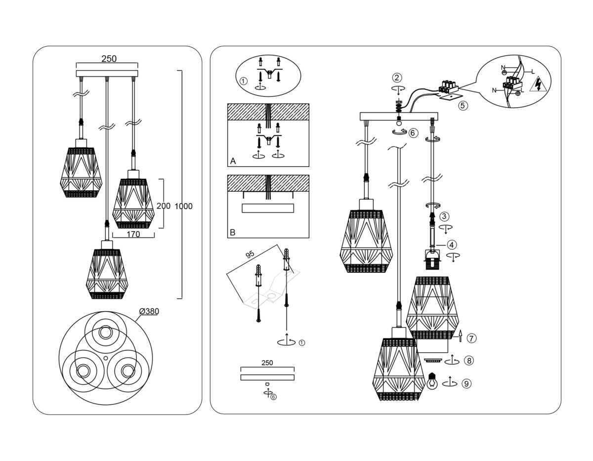 TR8522/3 BK/SB черный/бронза E27/3 max 60W D380*1000 — изображение 5