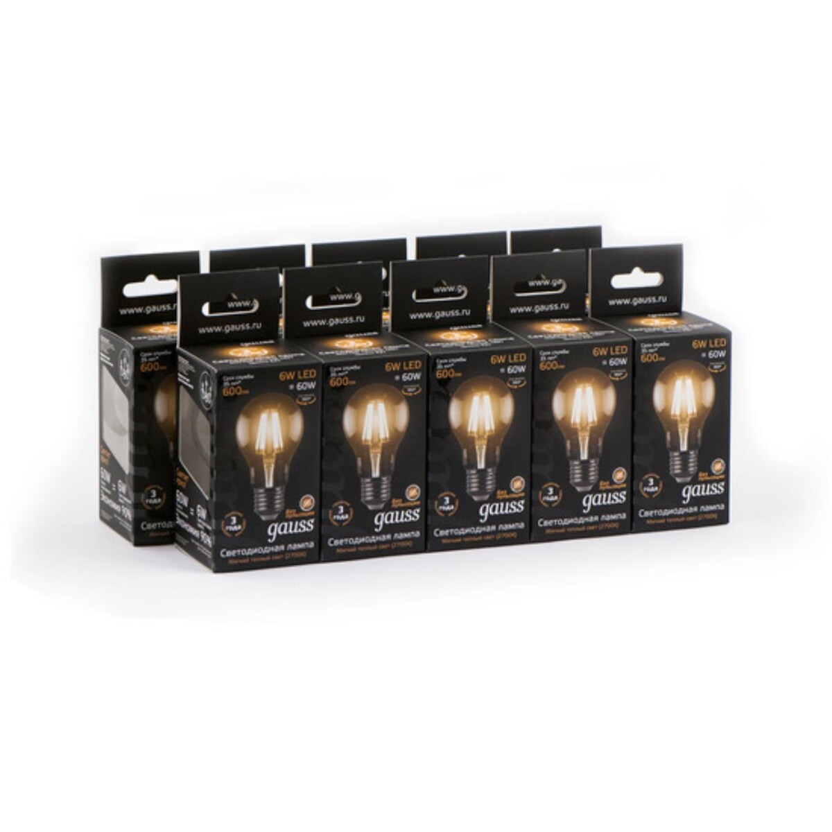 102802106 Лампа Gauss LED Filament A60 E27 6W 600lm 2700К 1/10/40 — изображение 5