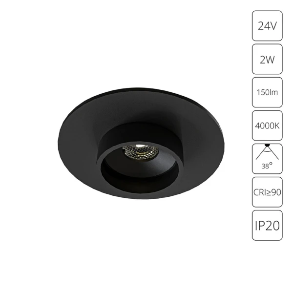 A6184PL-1BK СВЕТИЛЬНИК ЮВЕЛИРНЫЙ ВСТРАИВАЕМЫЙ PRESTO 24В 2Вт 150лм 4000К 90+ 38°