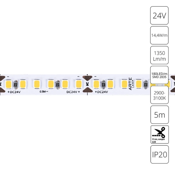 A2418008-01-3K Светодиодная лента 24В 14,4Вт/м 1350Лм/м 3000К 90+ 8мм SMD2835 180шт/м 5м IP20