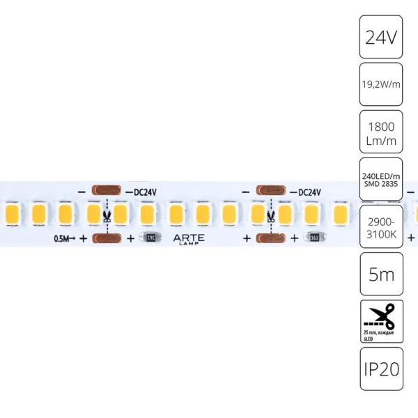 A2424010-01-3K Светодиодная лента 24В 19,2Вт/м 1800Лм/м 3000К 90+ 10мм SMD2835 240шт/м 5м IP20