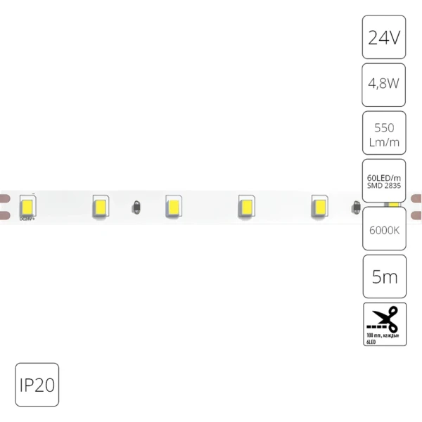 A2406008-03-6K Светодиодная лента 24В 4,8Вт/м 550Лм/м 6000К 90+ 8мм SMD2835 60шт/м 5м IP20