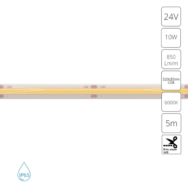 A2432008-06-6K Светодиодная лента 24В 10Вт/м 850Лм/м 6000К 90+ 8мм COB 320шт/м 5м IP65
