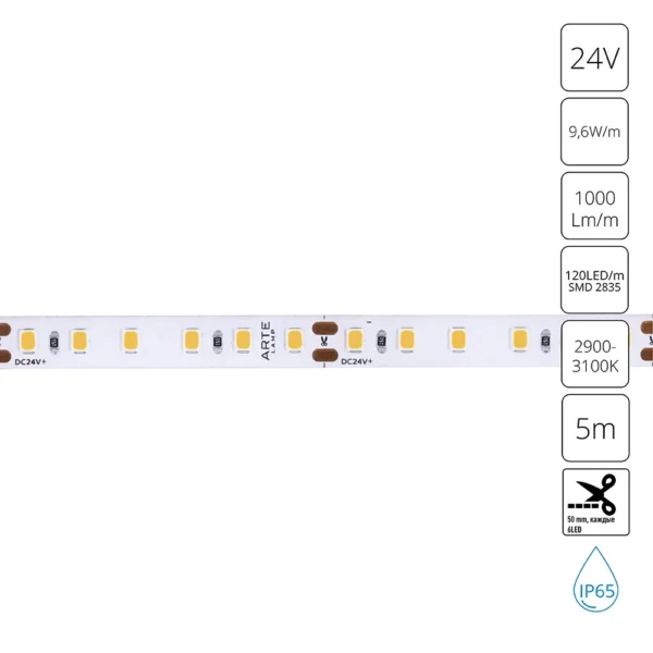 A2412008-04-3K Светодиодная лента 24В 9,6Вт/м 1000Лм/м 3000К 90+ 8мм SMD2835 120шт/м 5м IP65
