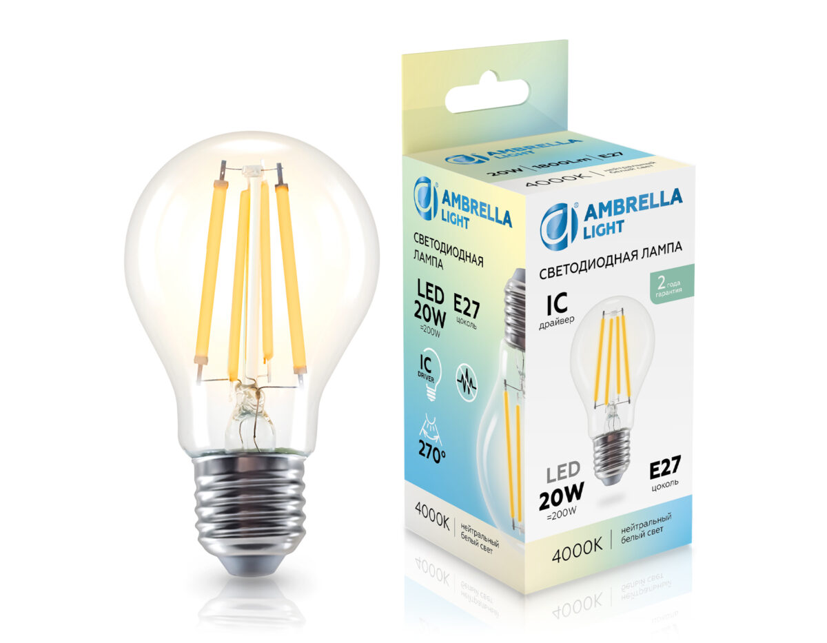 602014 602014 Filament LED A60 20W IC E27 4000K 220-240V — изображение 1