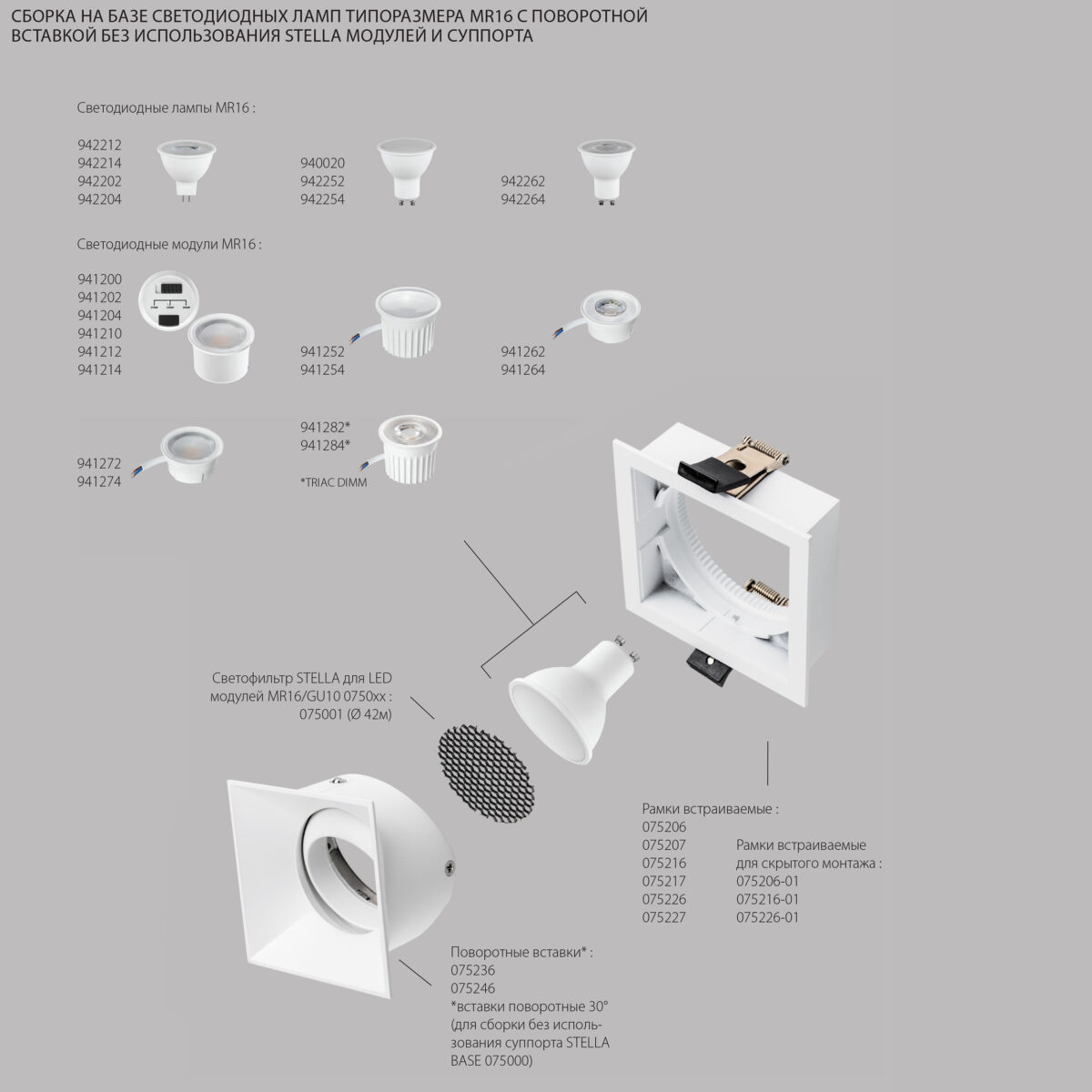075246 Вставка квадратная поворотная STELLA BASE к 07505x/07507x с углом наклона 30G и вращением на 360G БЕЛЫЙ МАТОВЫЙ — изображение 2